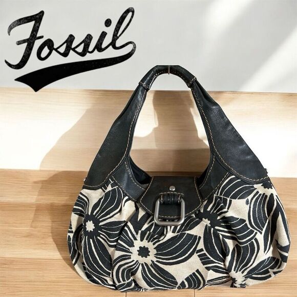 Fossil Vintage Dark Brown Leather Cream Linen Canvas Tropical Floral Hobo Bag - Picture 1 of 14
